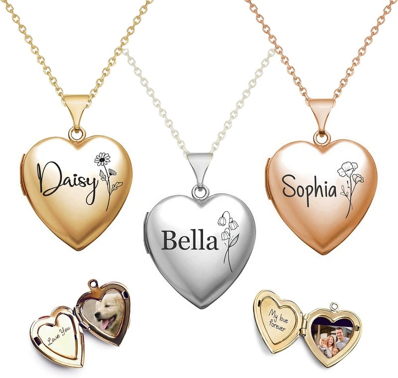 Twenty&Sixty Personalized Heart Locket Necklace for Women, Girl, Kids, Holds Pictures, Birth Flower Personalized & Engraved Picture Locket Necklace Gold/Silver/RoseGold - Image 1